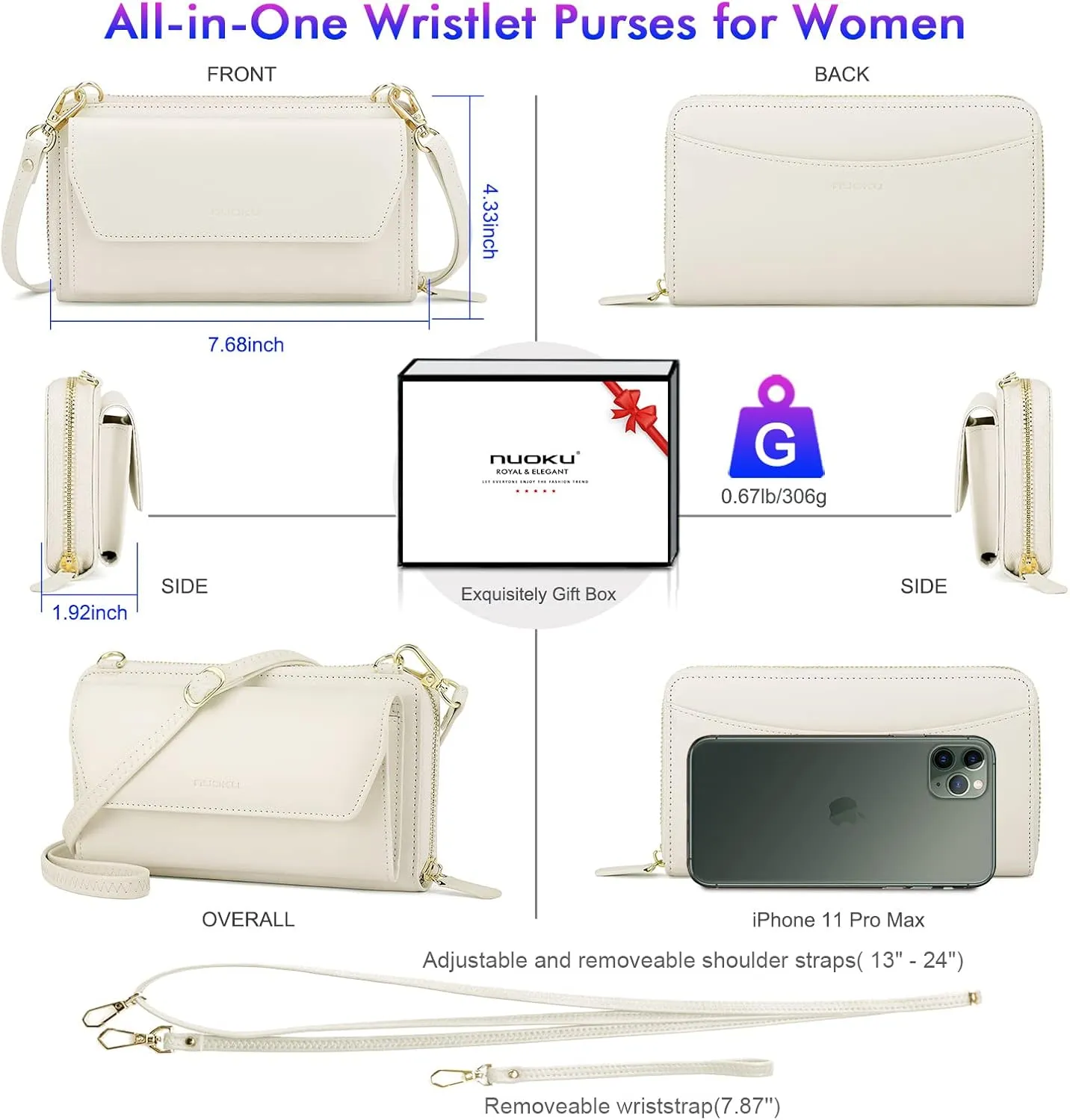 nuoku Womens RFID Wallet Purse Wristlet Crossbody Clutch with Zip Around 2 Strap