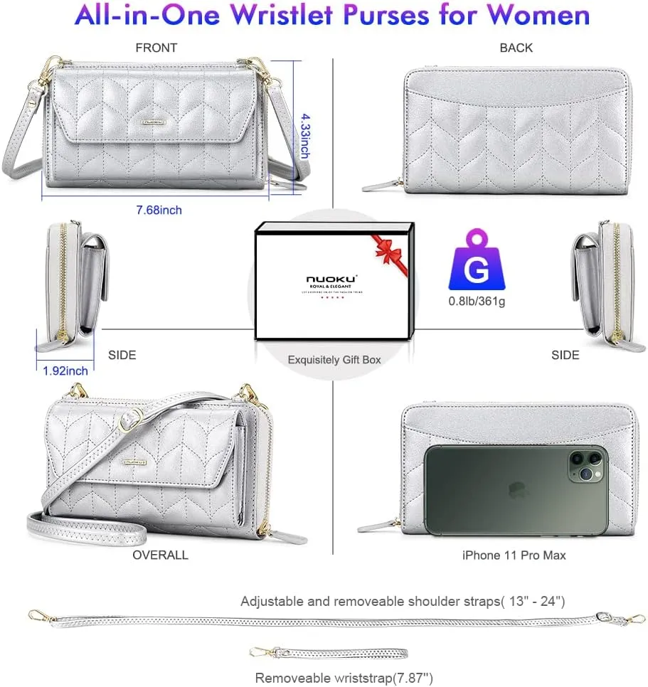 nuoku Womens RFID Wallet Purse Wristlet Crossbody Clutch with Zip Around 2 Strap