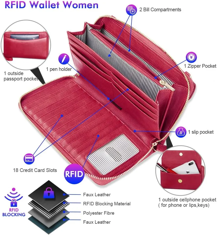 nuoku Womens RFID Wallet Purse Wristlet Crossbody Clutch with Zip Around 2 Strap