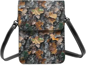 oak tree camouflage bark leaves pine brown Leather Small Crossbody Bags for Women Cell Phone Bag Wallet Purses with Adjustable Strap