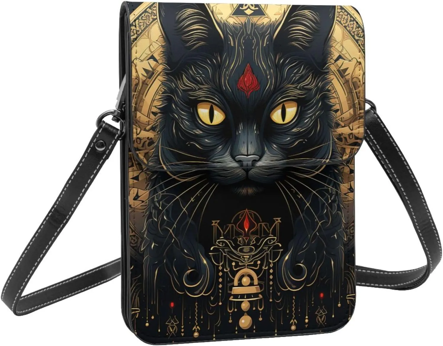 Occult cat ouija board mysterious black crossbody cell phone purse for womens lightweight small soft leather fashion travel wallet with adjustable strap
