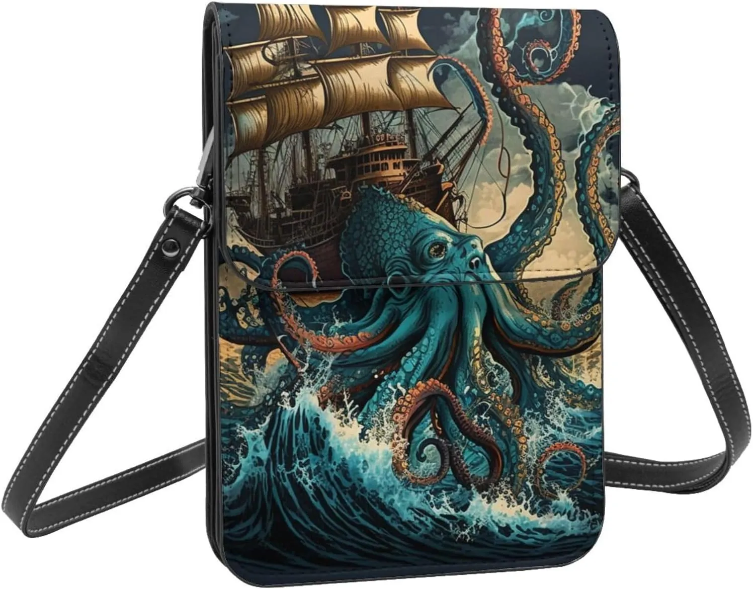 Ocean kraken monster octopus sea vintage crossbody cell phone purse for womens lightweight small soft leather fashion travel wallet with adjustable strap
