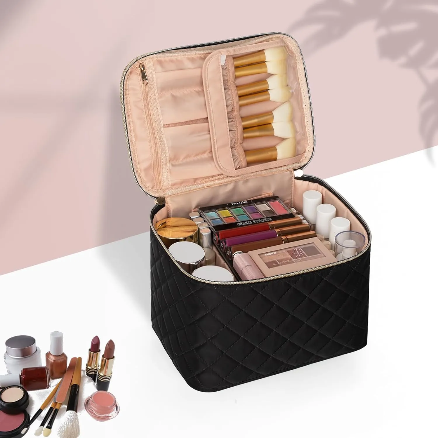 OCHEAL Makeup Bag,Large Travel Bag Organizer Cosmetic Bags for Women Washable Make Up Bag Makeup Organizer Case with Dividers - Large,Embossed Rhombus Black