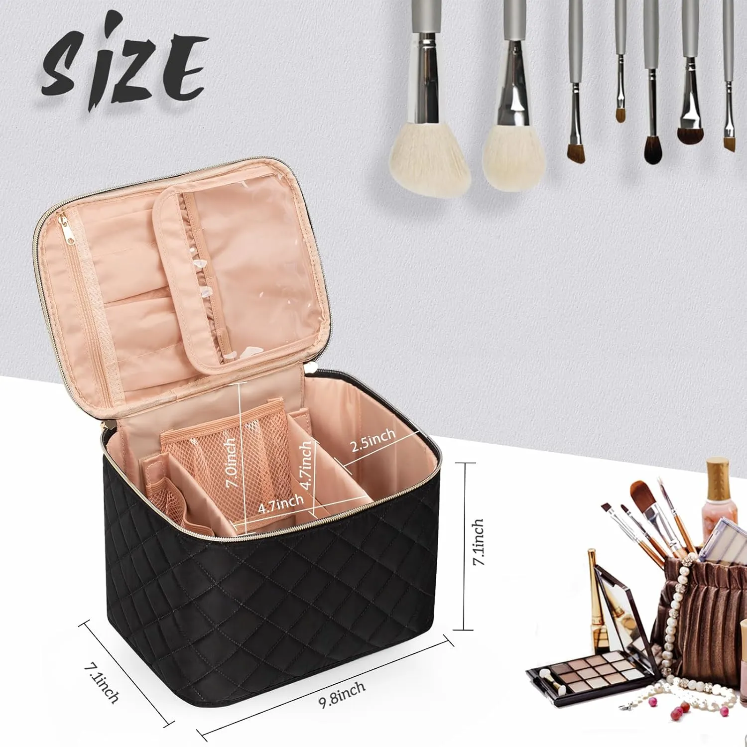 OCHEAL Makeup Bag,Large Travel Bag Organizer Cosmetic Bags for Women Washable Make Up Bag Makeup Organizer Case with Dividers - Large,Embossed Rhombus Black