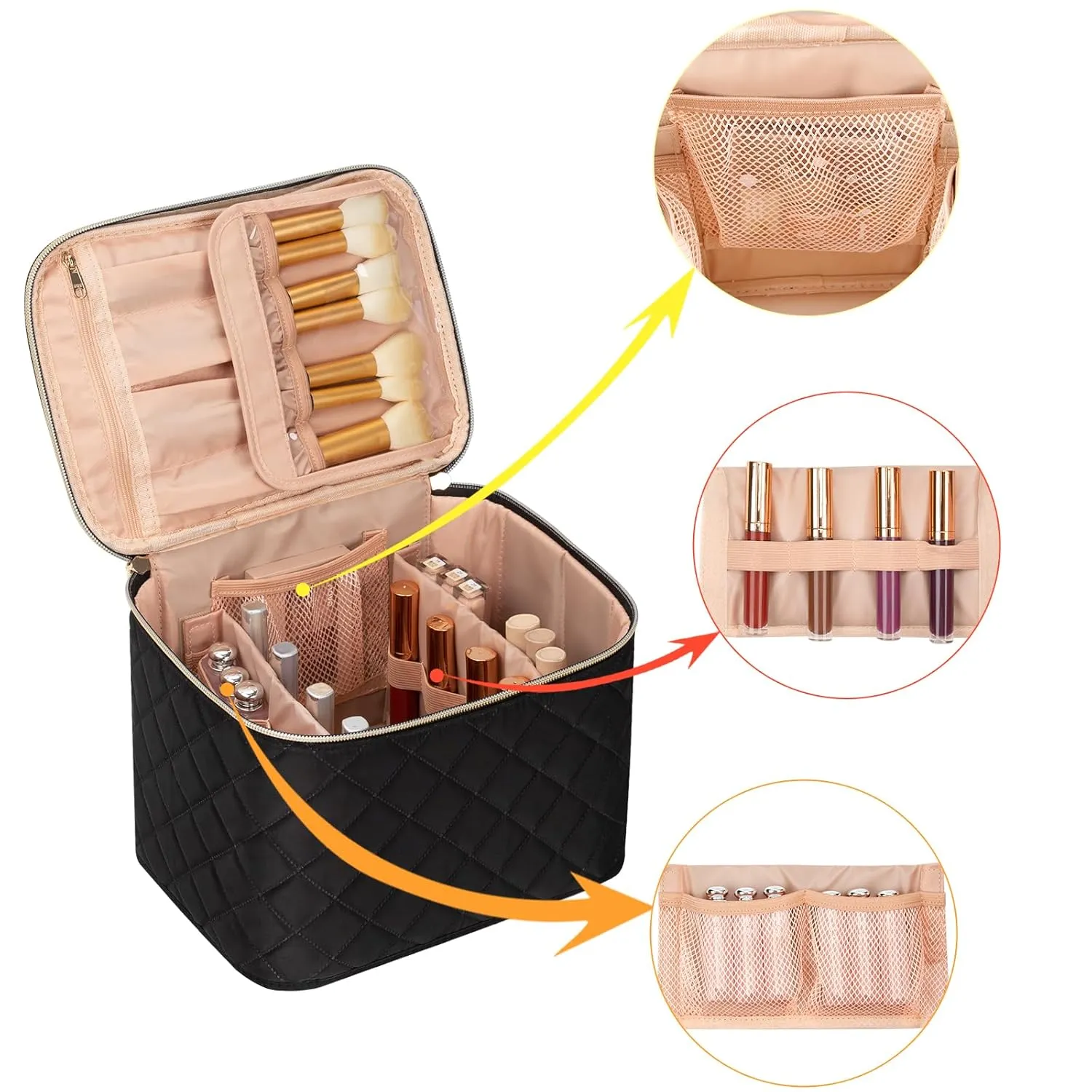 OCHEAL Makeup Bag,Large Travel Bag Organizer Cosmetic Bags for Women Washable Make Up Bag Makeup Organizer Case with Dividers - Large,Embossed Rhombus Black
