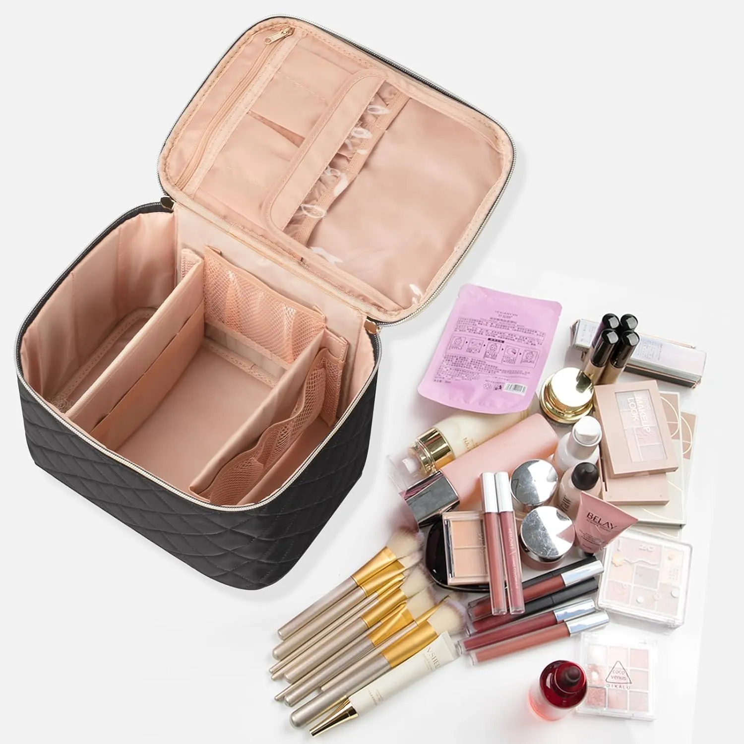OCHEAL Makeup Bag,Large Travel Bag Organizer Cosmetic Bags for Women Washable Make Up Bag Makeup Organizer Case with Dividers - Large,Embossed Rhombus Black