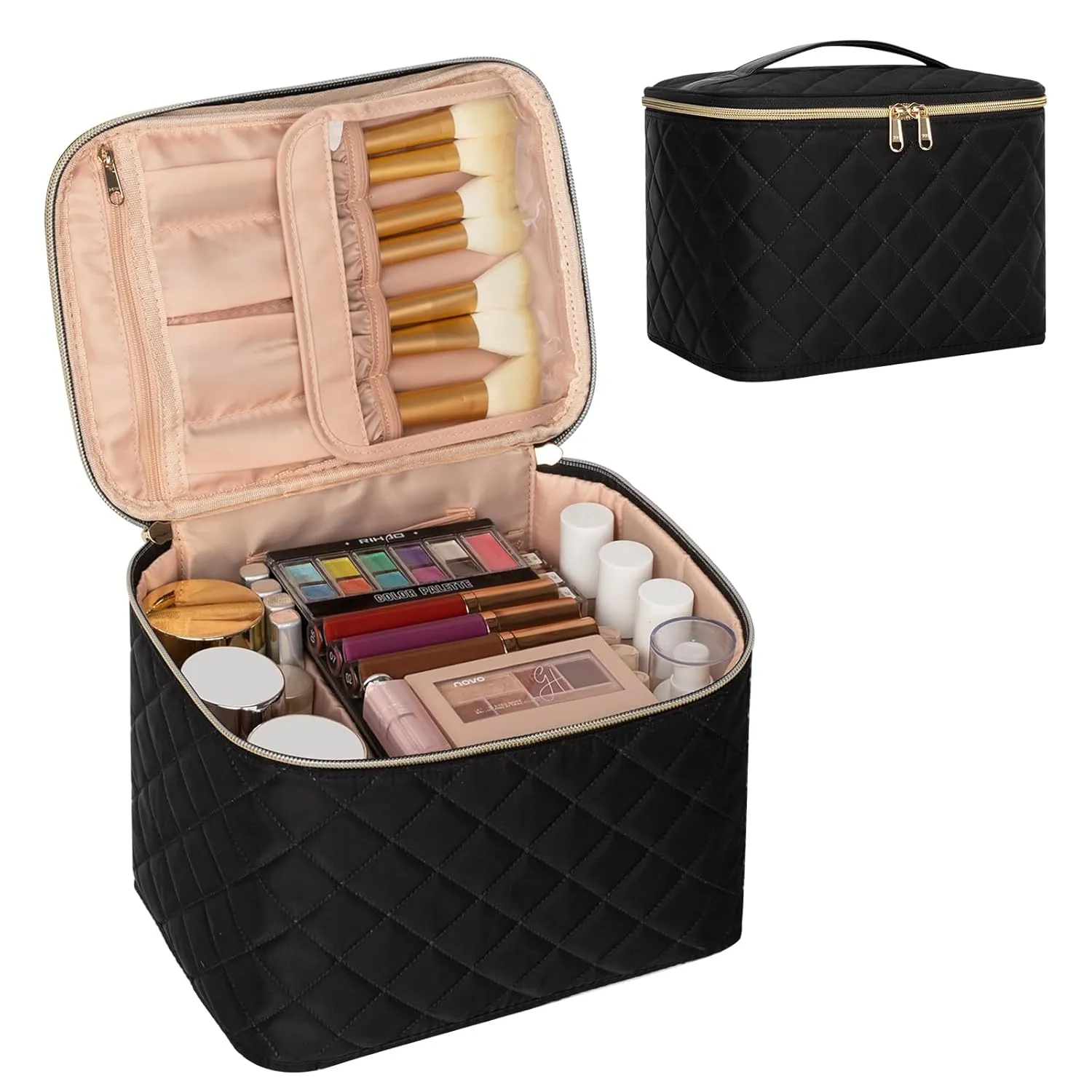 OCHEAL Makeup Bag,Large Travel Bag Organizer Cosmetic Bags for Women Washable Make Up Bag Makeup Organizer Case with Dividers - Large,Embossed Rhombus Black