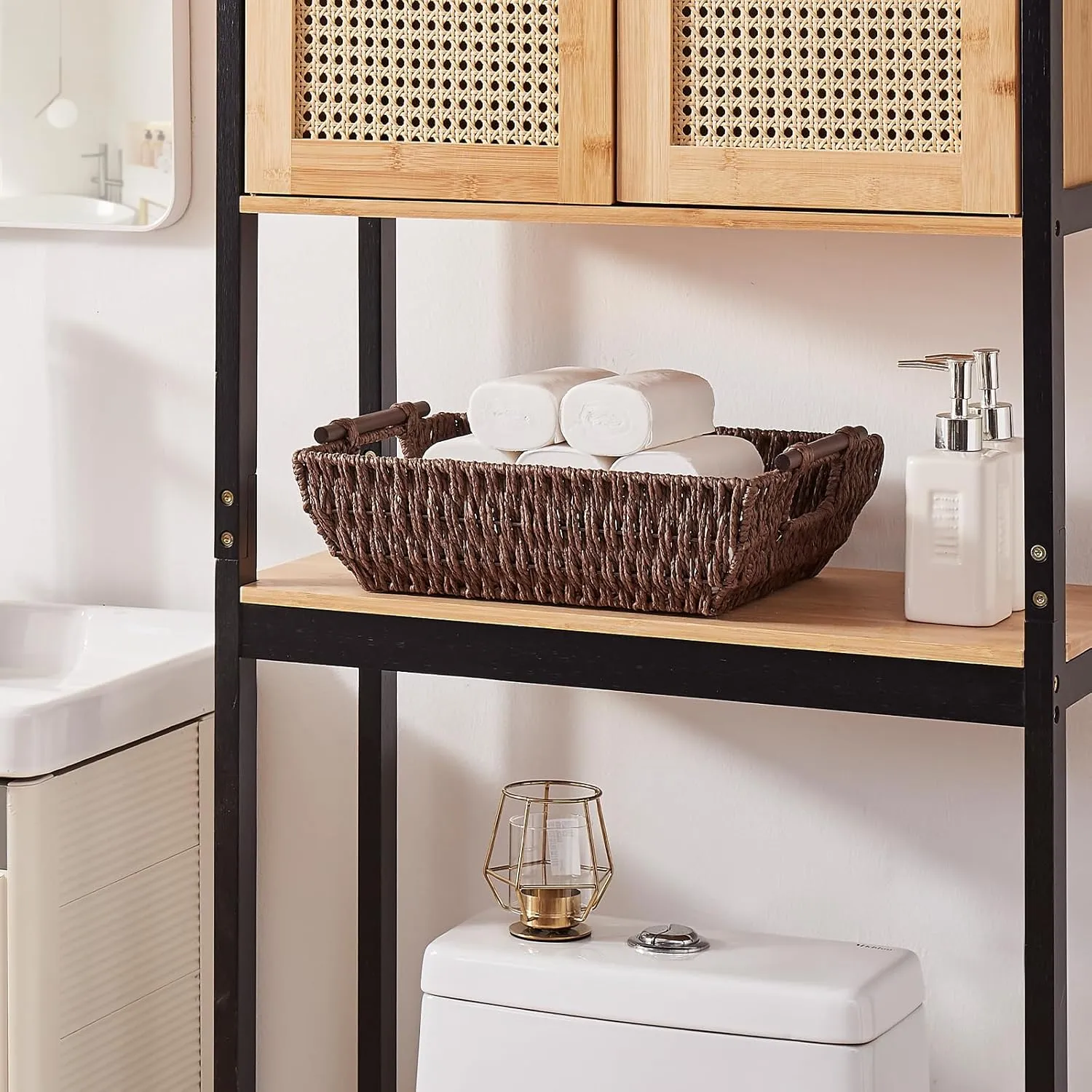 OIAHOMY Storage Baskets, Paper Rope Wicker Organizers with Wooden Handles, Baskets for Organizing, 2-Pack, Brown