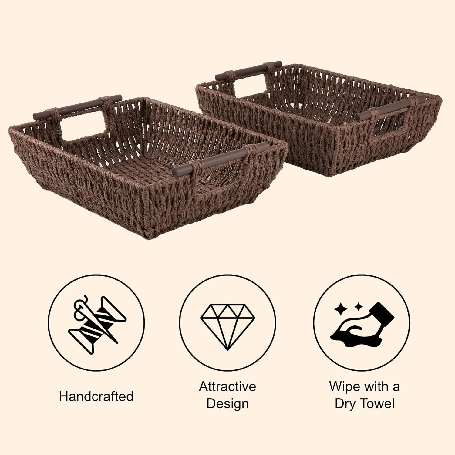 OIAHOMY Storage Baskets, Paper Rope Wicker Organizers with Wooden Handles, Baskets for Organizing, 2-Pack, Brown