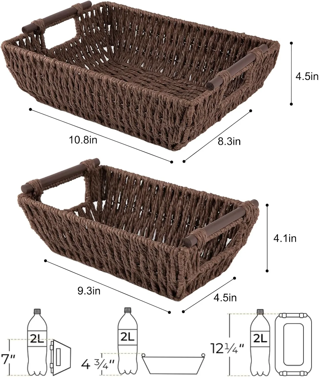 OIAHOMY Storage Baskets, Paper Rope Wicker Organizers with Wooden Handles, Baskets for Organizing, 2-Pack, Brown