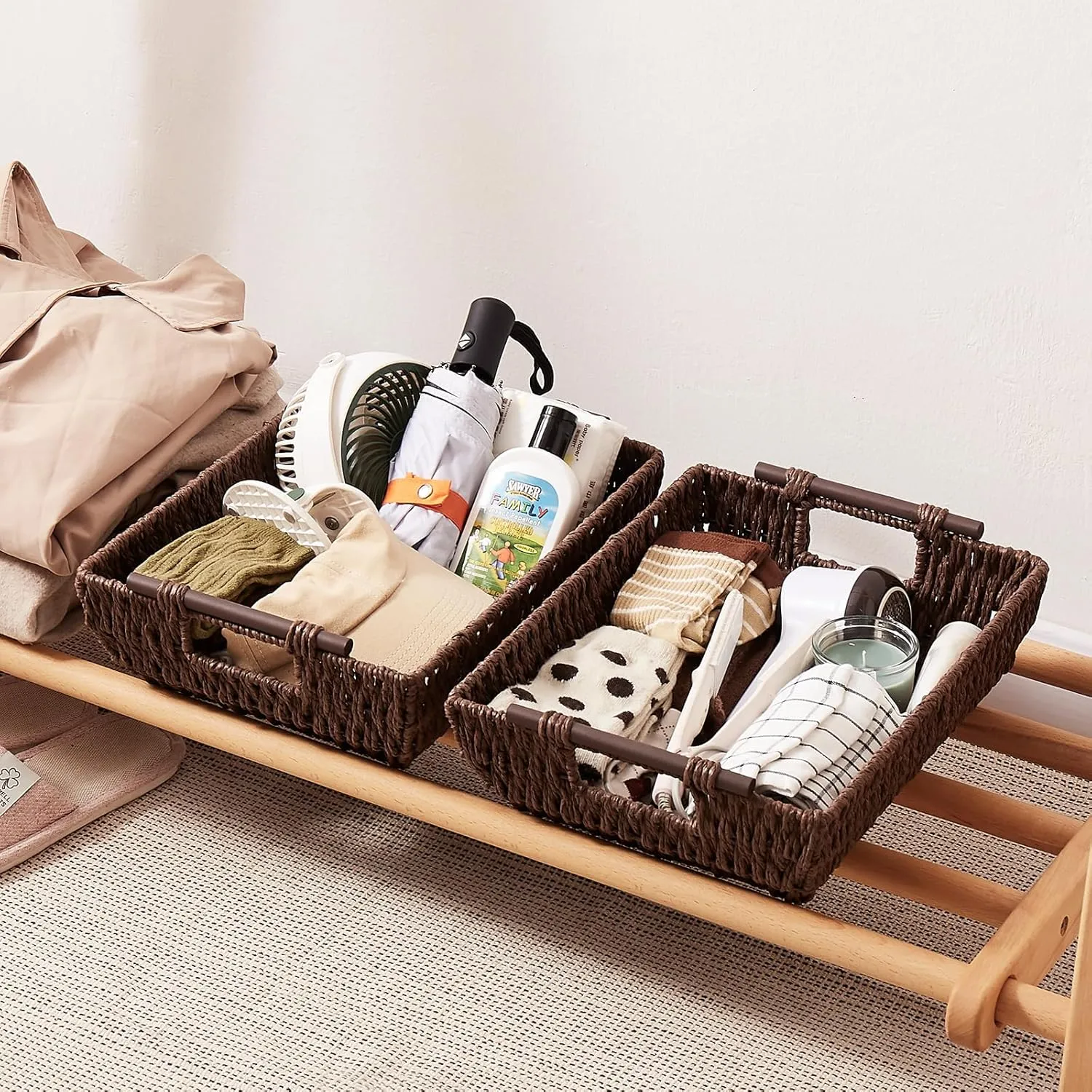 OIAHOMY Storage Baskets, Paper Rope Wicker Organizers with Wooden Handles, Baskets for Organizing, 2-Pack, Brown