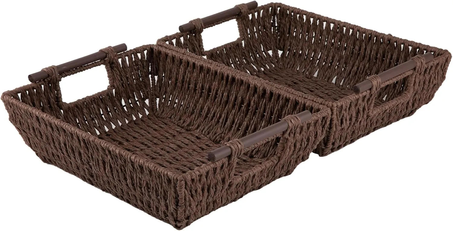OIAHOMY Storage Baskets, Paper Rope Wicker Organizers with Wooden Handles, Baskets for Organizing, 2-Pack, Brown