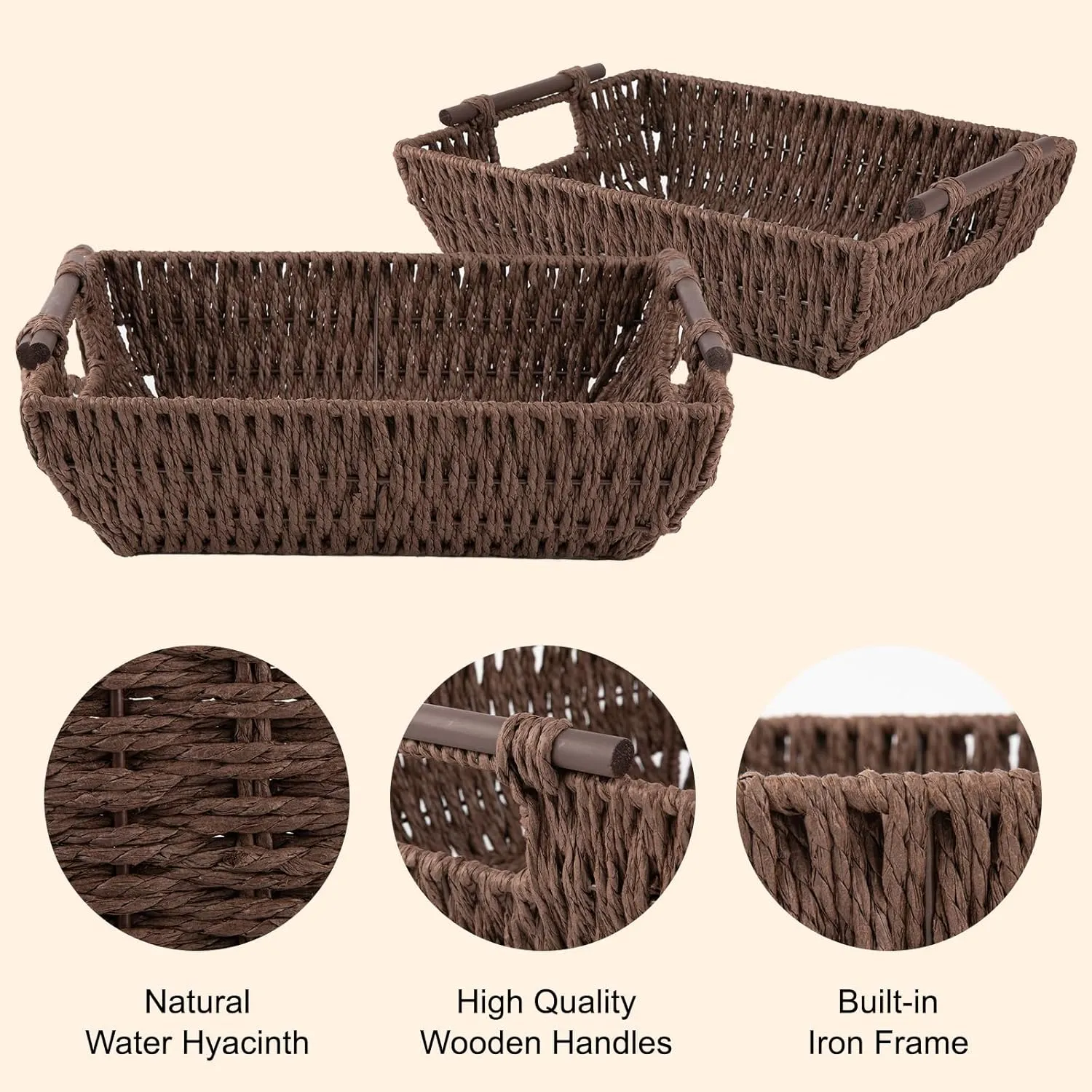 OIAHOMY Storage Baskets, Paper Rope Wicker Organizers with Wooden Handles, Baskets for Organizing, 2-Pack, Brown