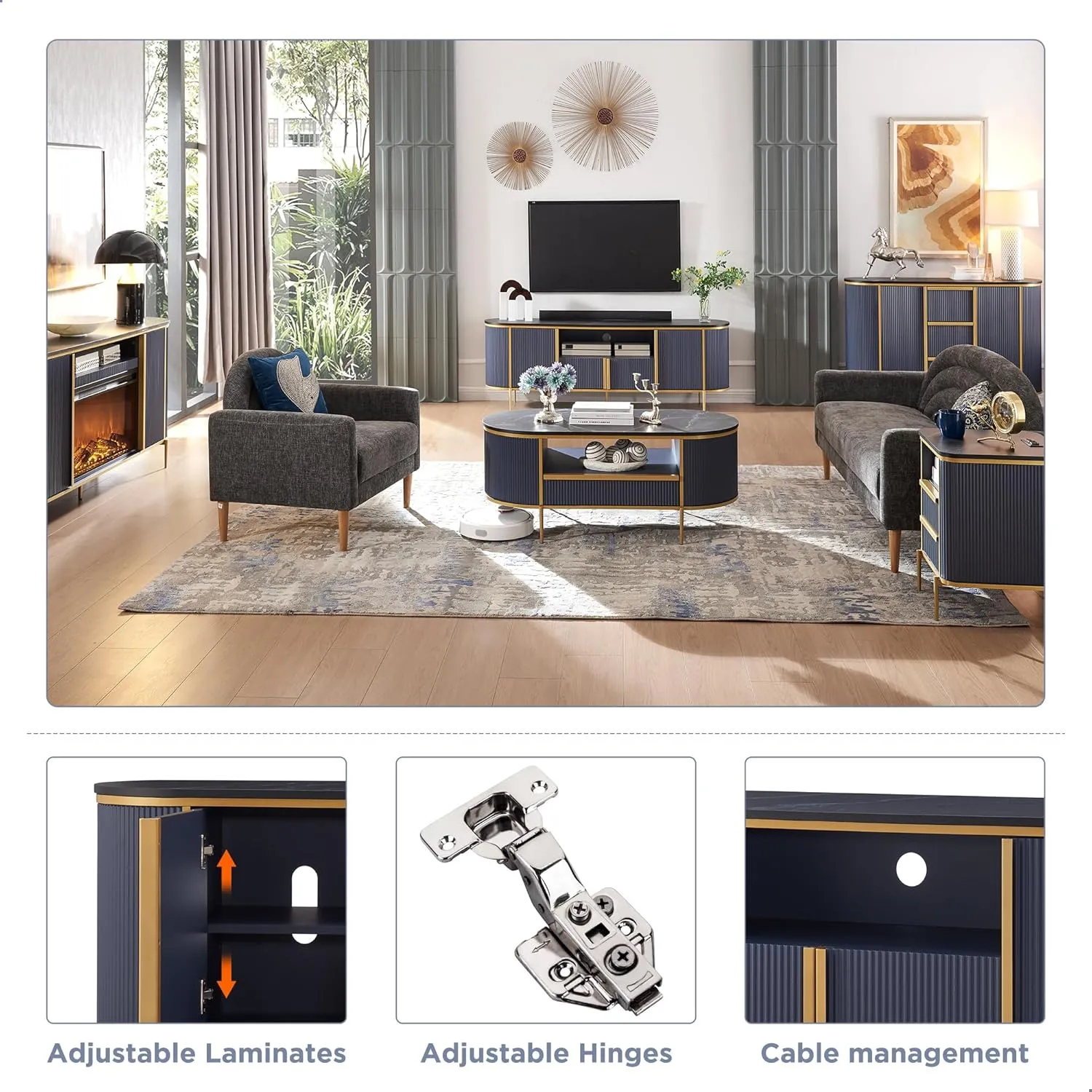 OKD Luxury 70" Fluted TV Stand, Modern Chic Entertainment Center for TVs Up to 80 inches, TV Console with Faux Marble Top, Curved Profile Design, Media Console for Living Room, Navy Blue