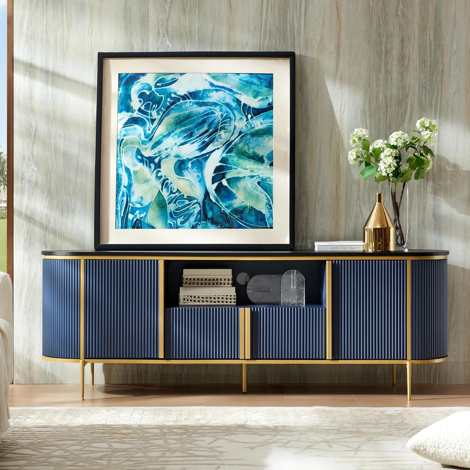 OKD Luxury 70" Fluted TV Stand, Modern Chic Entertainment Center for TVs Up to 80 inches, TV Console with Faux Marble Top, Curved Profile Design, Media Console for Living Room, Navy Blue