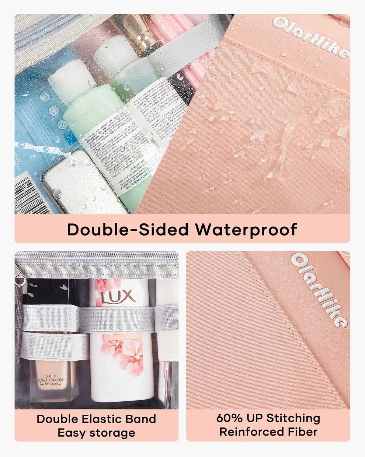 OlarHike Toiletry Bag,Large Size Waterproof Hanging Bags, Makeup Jewelry 3 in 1 Essentials Travel Packing Organizers, Fulled-Sized Family Pack, Shampoo, Conditioner, Brushes Set (Pink)