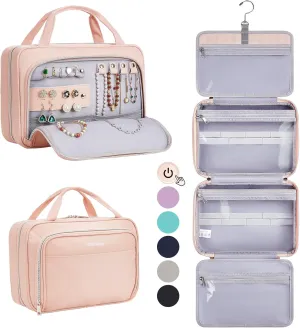 OlarHike Toiletry Bag,Large Size Waterproof Hanging Bags, Makeup Jewelry 3 in 1 Essentials Travel Packing Organizers, Fulled-Sized Family Pack, Shampoo, Conditioner, Brushes Set (Pink)