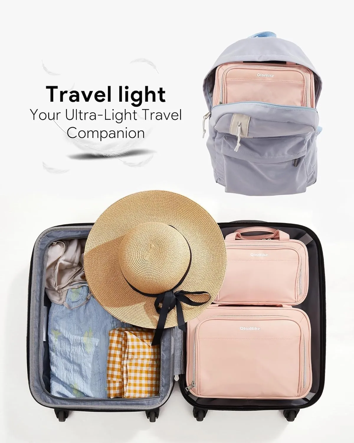 OlarHike Toiletry Bag,Large Size Waterproof Hanging Bags, Makeup Jewelry 3 in 1 Essentials Travel Packing Organizers, Fulled-Sized Family Pack, Shampoo, Conditioner, Brushes Set (Pink)