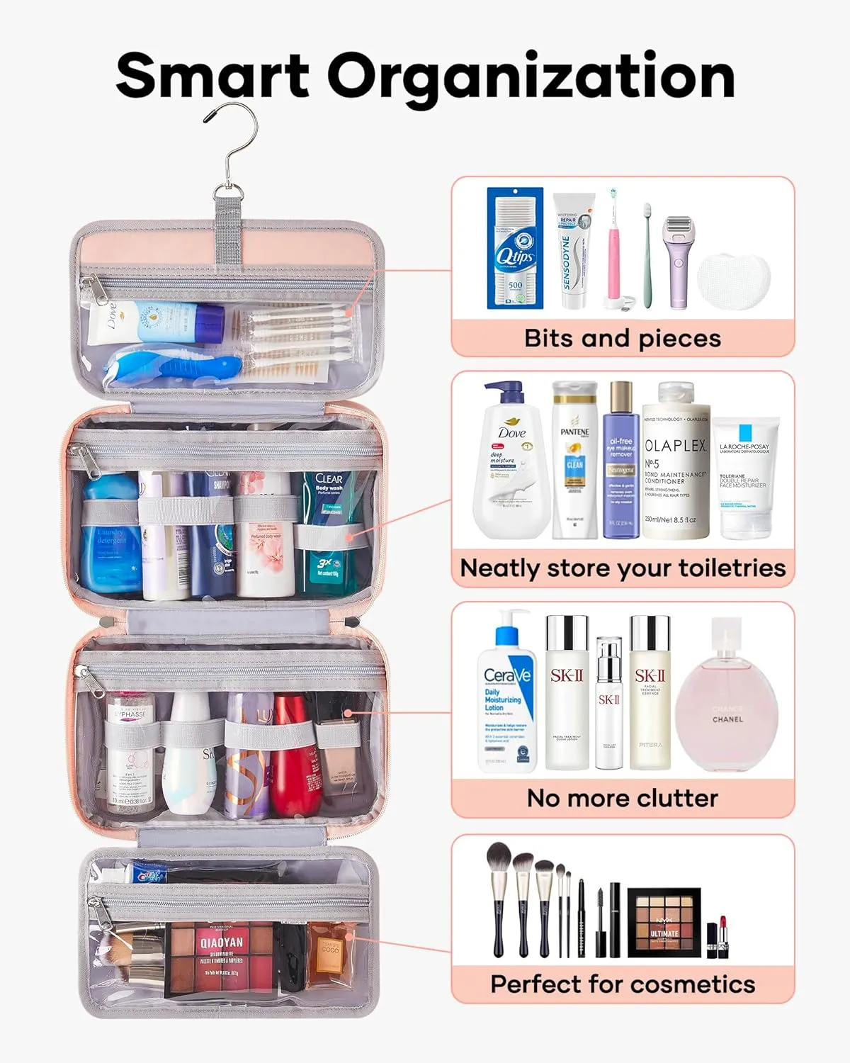 OlarHike Toiletry Bag,Large Size Waterproof Hanging Bags, Makeup Jewelry 3 in 1 Essentials Travel Packing Organizers, Fulled-Sized Family Pack, Shampoo, Conditioner, Brushes Set (Pink)