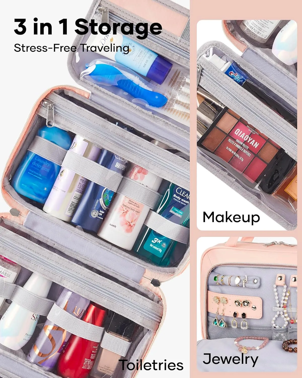 OlarHike Toiletry Bag,Large Size Waterproof Hanging Bags, Makeup Jewelry 3 in 1 Essentials Travel Packing Organizers, Fulled-Sized Family Pack, Shampoo, Conditioner, Brushes Set (Pink)