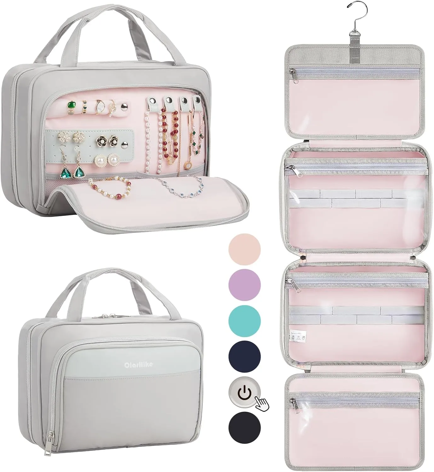 OlarHike Travel Toiletry Hanging Bag Waterproof Bags, Makeup, Toiletries, Jewelry, Travel Essentials 3 in 1 Packing Organizers, Cosmetic Full-Sized Container, Large Capacity for Women Grey