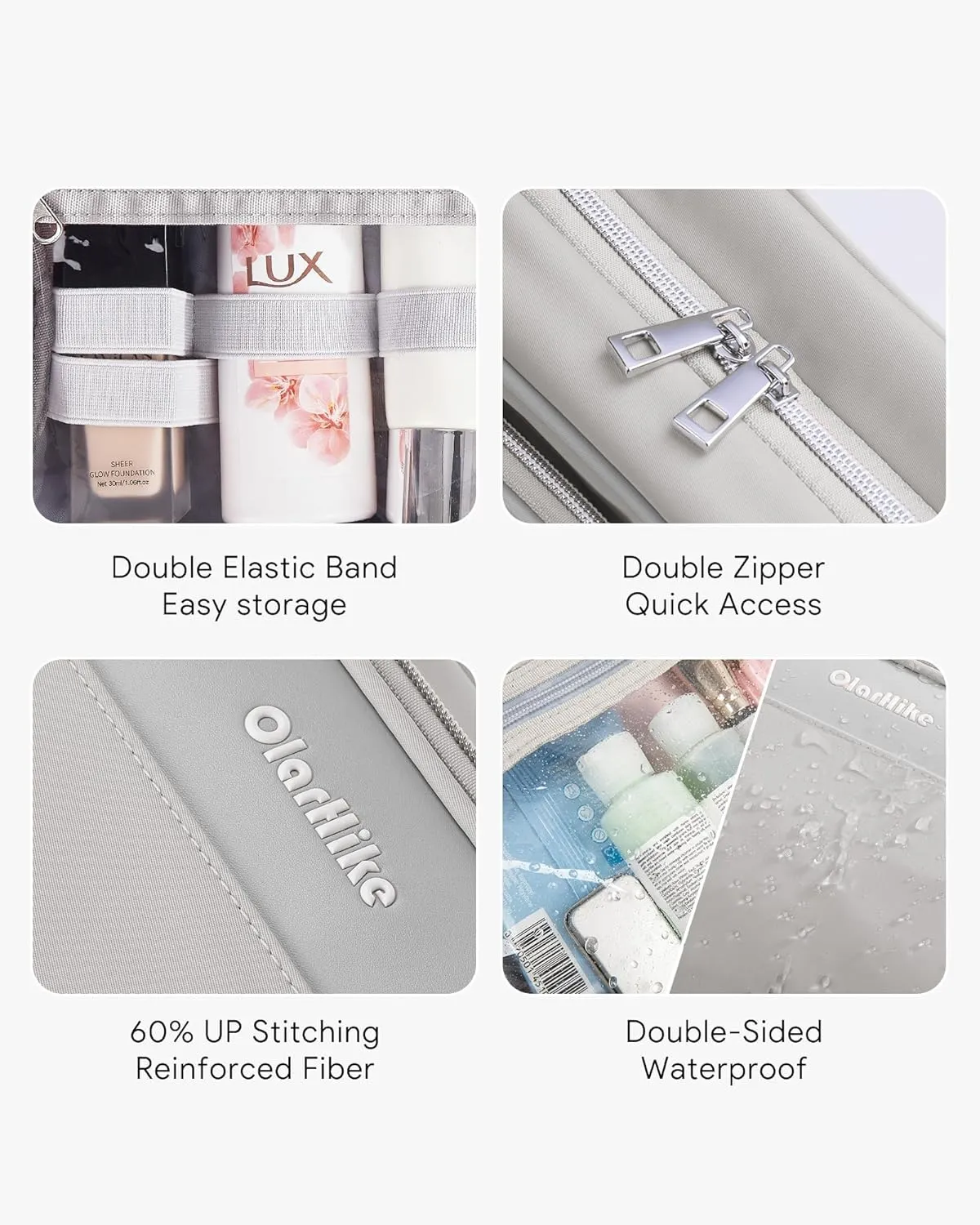 OlarHike Travel Toiletry Hanging Bag Waterproof Bags, Makeup, Toiletries, Jewelry, Travel Essentials 3 in 1 Packing Organizers, Cosmetic Full-Sized Container, Large Capacity for Women Grey