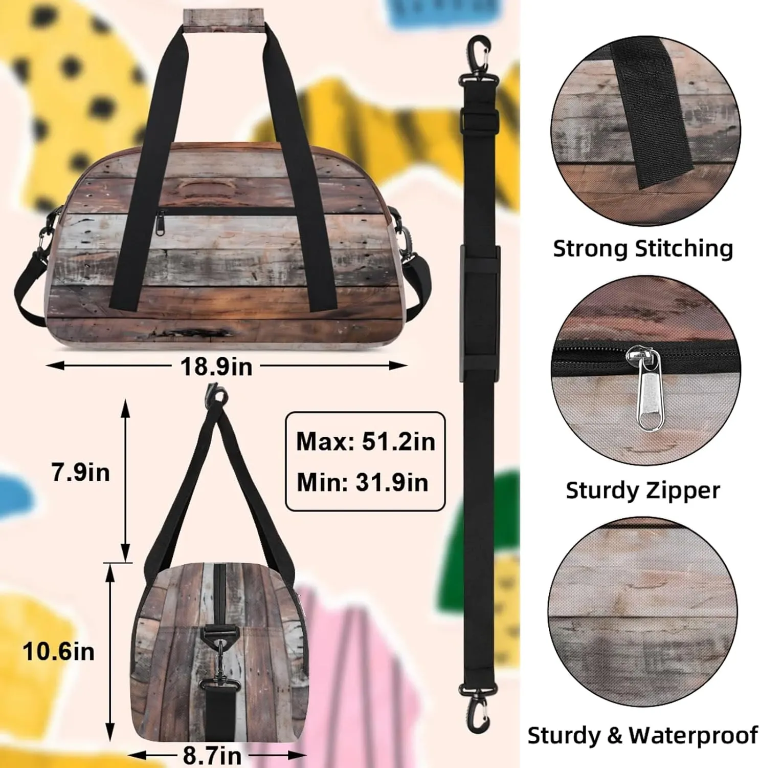 Old Barn Door Wooden Theme Small Gym Bag 18 inch Carry On Duffel Bag for Weekender Travel Sports Workout Yoga Gymnastics Dance Ballet