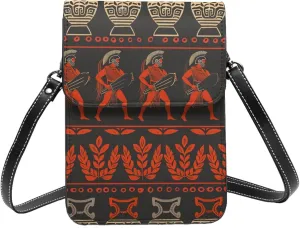 old Greek red soldier and vases orange Leather Small Crossbody Bags for Women Cell Phone Bag Wallet Purses with Adjustable Strap