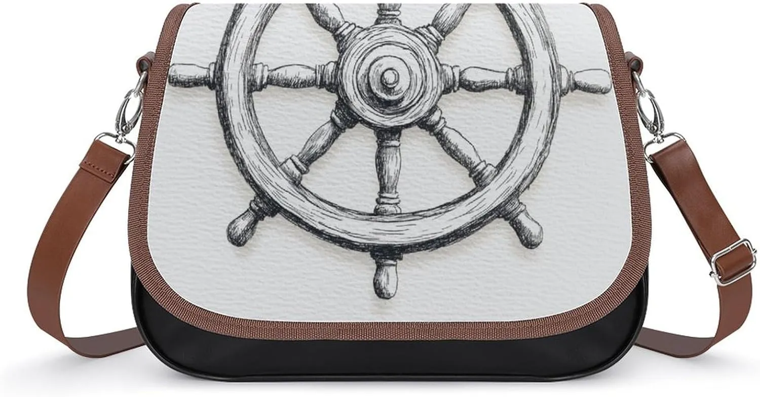 Old Wooden Ship's Wheel Crossbody Bag Leather Crossbody Bag