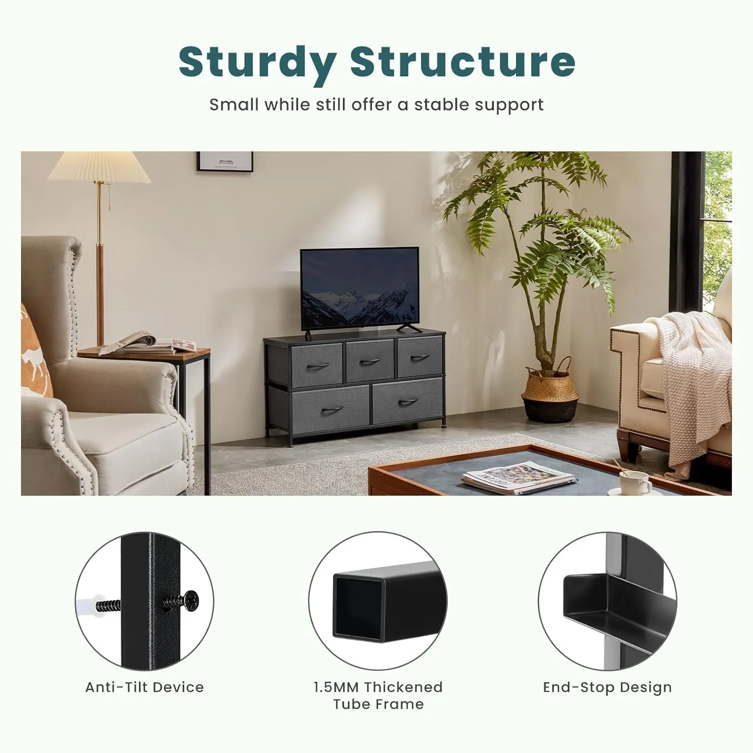 OLIXIS Dresser for Bedroom, 5 Storage Drawers, Wide Fabric Closet Chests Organizer Tower Furniture, TV Stand with Wooden Top Metal Frame for Clothes, Living Room, Hallway, Entryway, Classic Grey