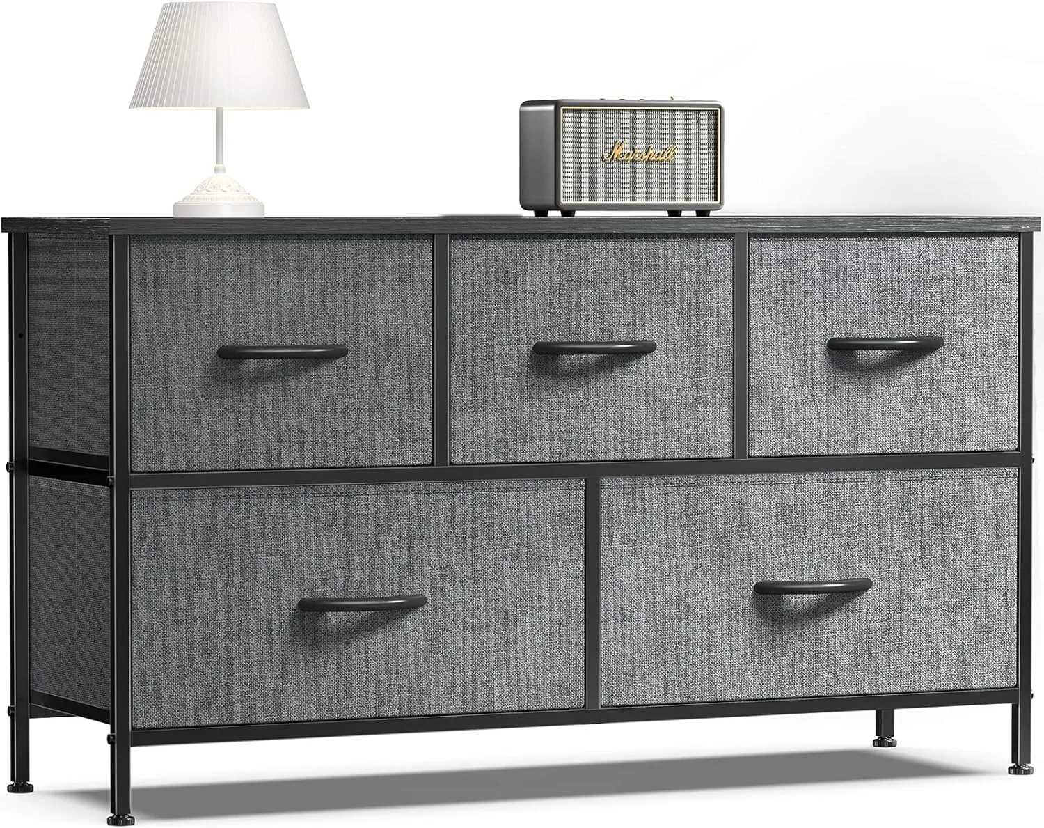 OLIXIS Dresser for Bedroom, 5 Storage Drawers, Wide Fabric Closet Chests Organizer Tower Furniture, TV Stand with Wooden Top Metal Frame for Clothes, Living Room, Hallway, Entryway, Classic Grey