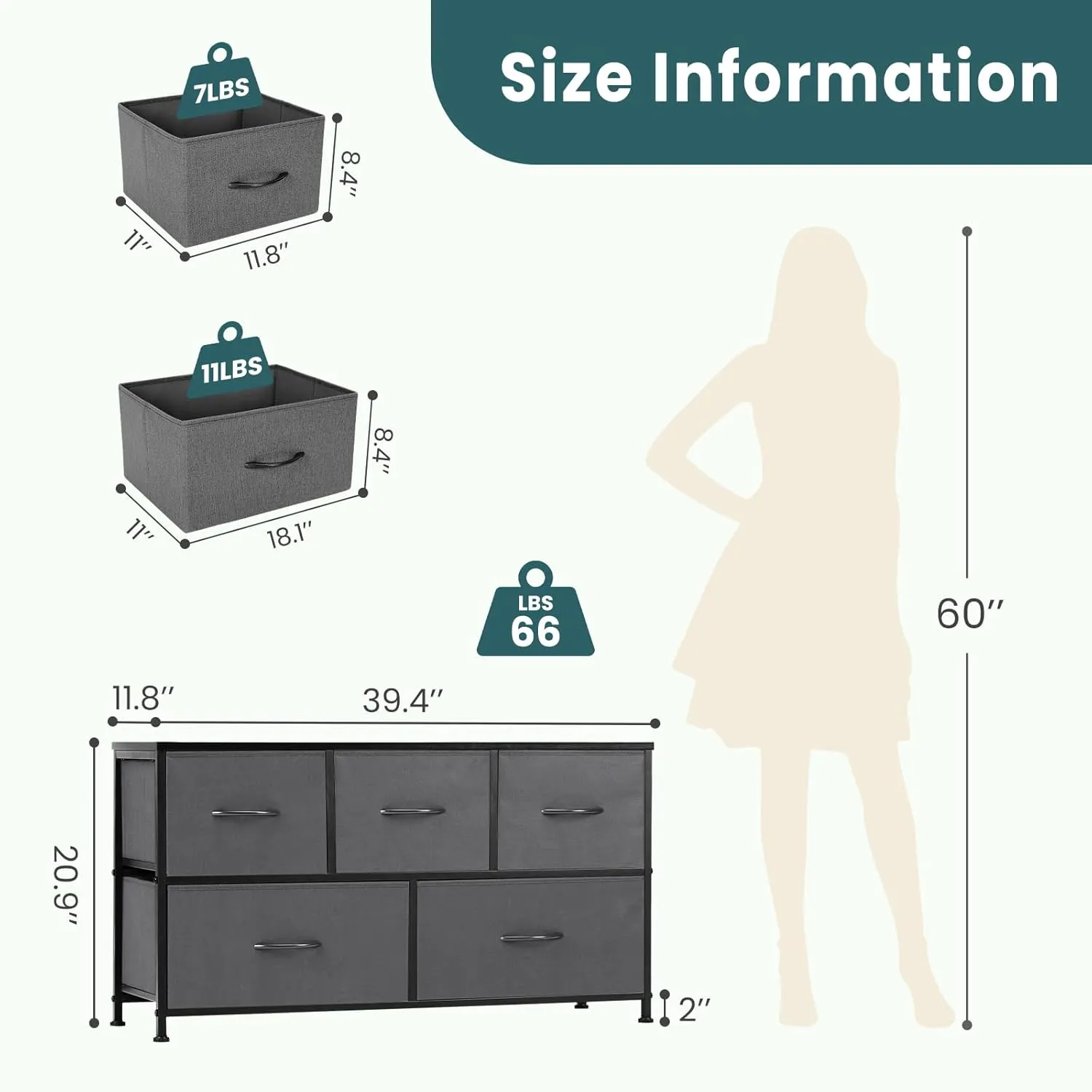 OLIXIS Dresser for Bedroom, 5 Storage Drawers, Wide Fabric Closet Chests Organizer Tower Furniture, TV Stand with Wooden Top Metal Frame for Clothes, Living Room, Hallway, Entryway, Classic Grey