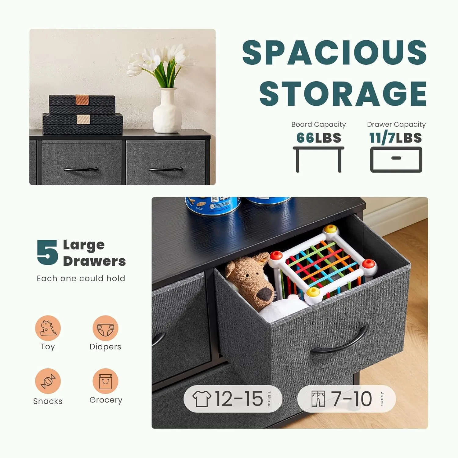 OLIXIS Dresser for Bedroom, 5 Storage Drawers, Wide Fabric Closet Chests Organizer Tower Furniture, TV Stand with Wooden Top Metal Frame for Clothes, Living Room, Hallway, Entryway, Classic Grey