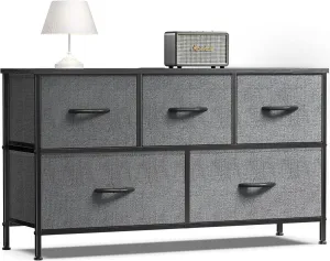 OLIXIS Dresser for Bedroom, 5 Storage Drawers, Wide Fabric Closet Chests Organizer Tower Furniture, TV Stand with Wooden Top Metal Frame for Clothes, Living Room, Hallway, Entryway, Classic Grey
