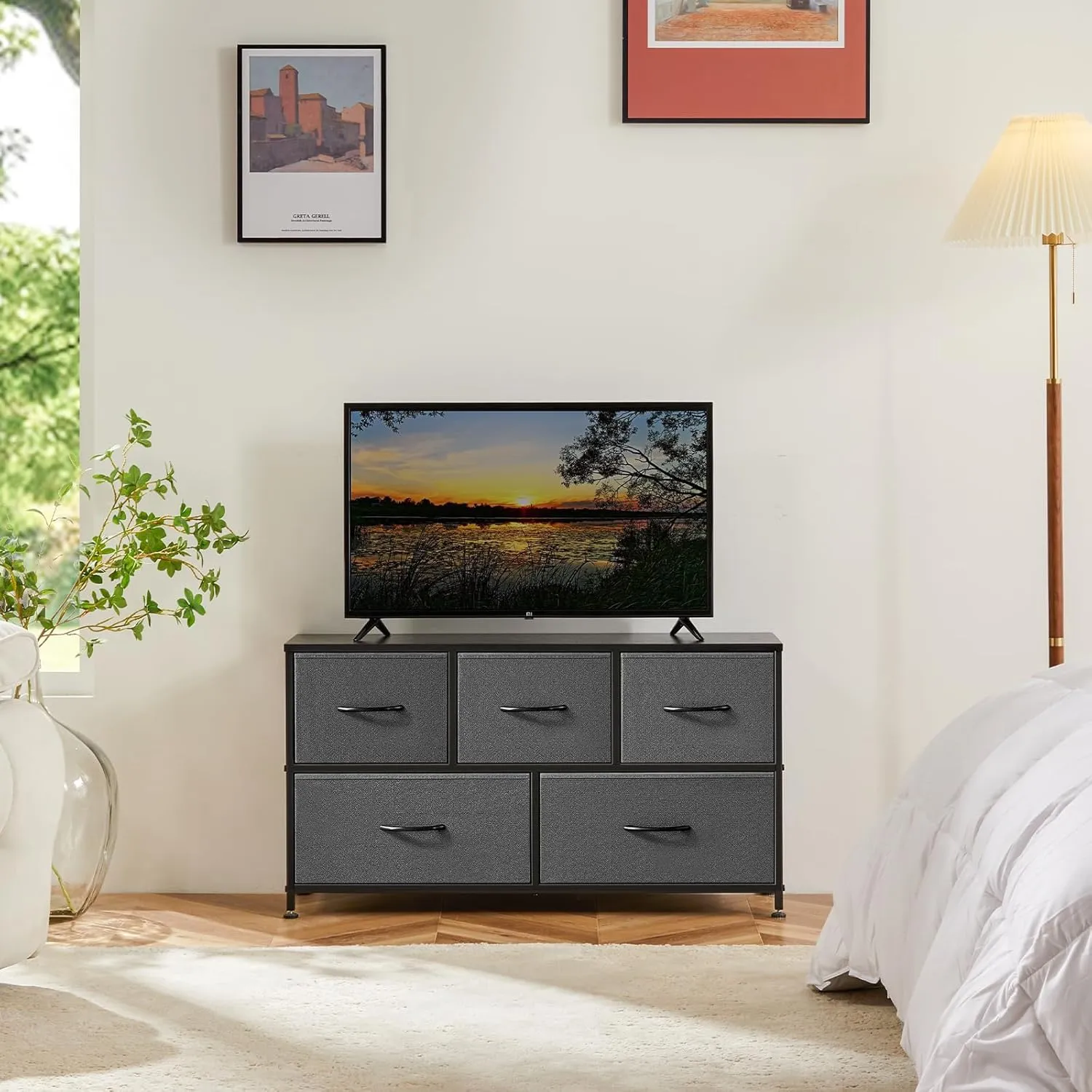 OLIXIS Dresser for Bedroom, 5 Storage Drawers, Wide Fabric Closet Chests Organizer Tower Furniture, TV Stand with Wooden Top Metal Frame for Clothes, Living Room, Hallway, Entryway, Classic Grey