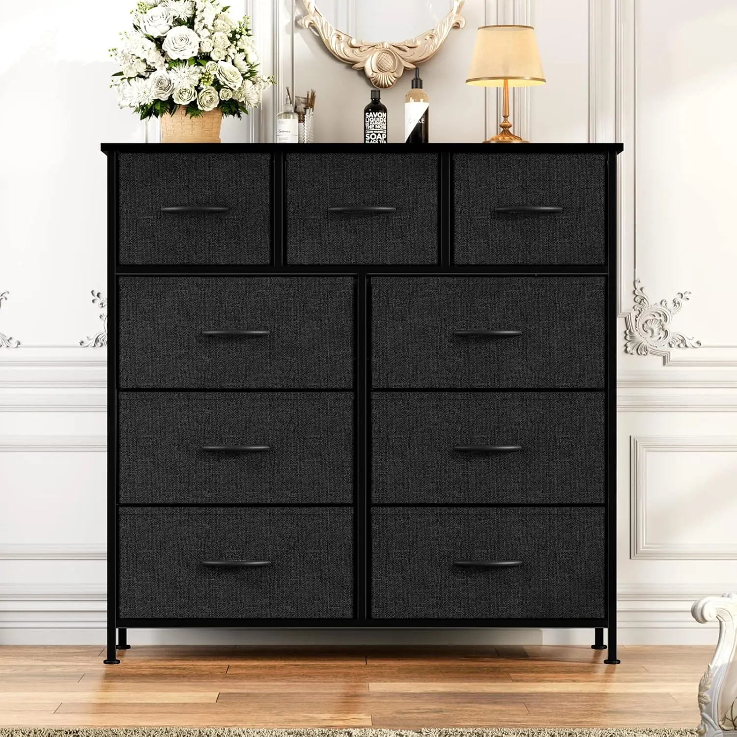 OLIXIS Dresser for Bedroom, 9 Storage Drawers, Wide Fabric Closet Chests Organizer Tower Furniture, TV Stand with Wooden Top Metal Frame for Clothes, Living Room, Hallway, Entryway, Black