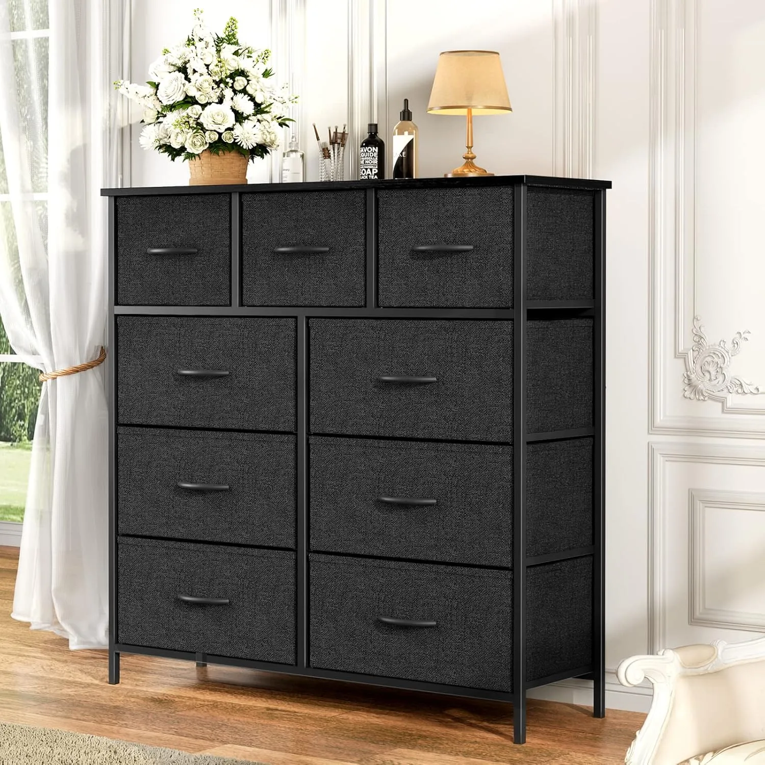 OLIXIS Dresser for Bedroom, 9 Storage Drawers, Wide Fabric Closet Chests Organizer Tower Furniture, TV Stand with Wooden Top Metal Frame for Clothes, Living Room, Hallway, Entryway, Black