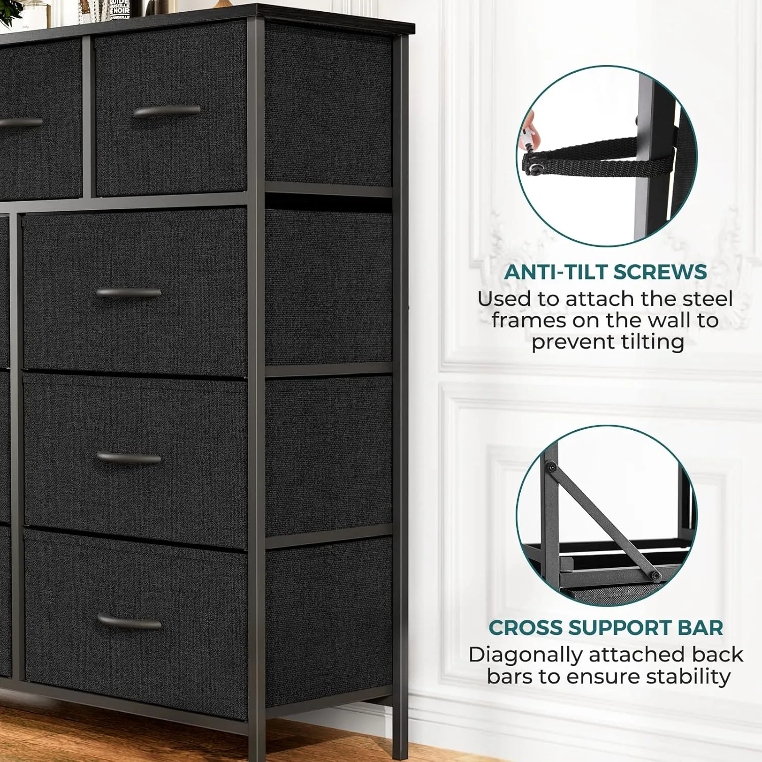 OLIXIS Dresser for Bedroom, 9 Storage Drawers, Wide Fabric Closet Chests Organizer Tower Furniture, TV Stand with Wooden Top Metal Frame for Clothes, Living Room, Hallway, Entryway, Black