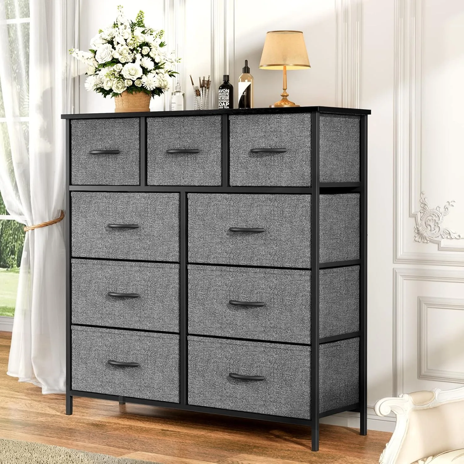 OLIXIS Dresser for Bedroom, 9 Storage Drawers, Wide Fabric Closet Chests Organizer Tower Furniture, TV Stand with Wooden Top Metal Frame for Clothes, Living Room, Hallway, Entryway, Classic Grey