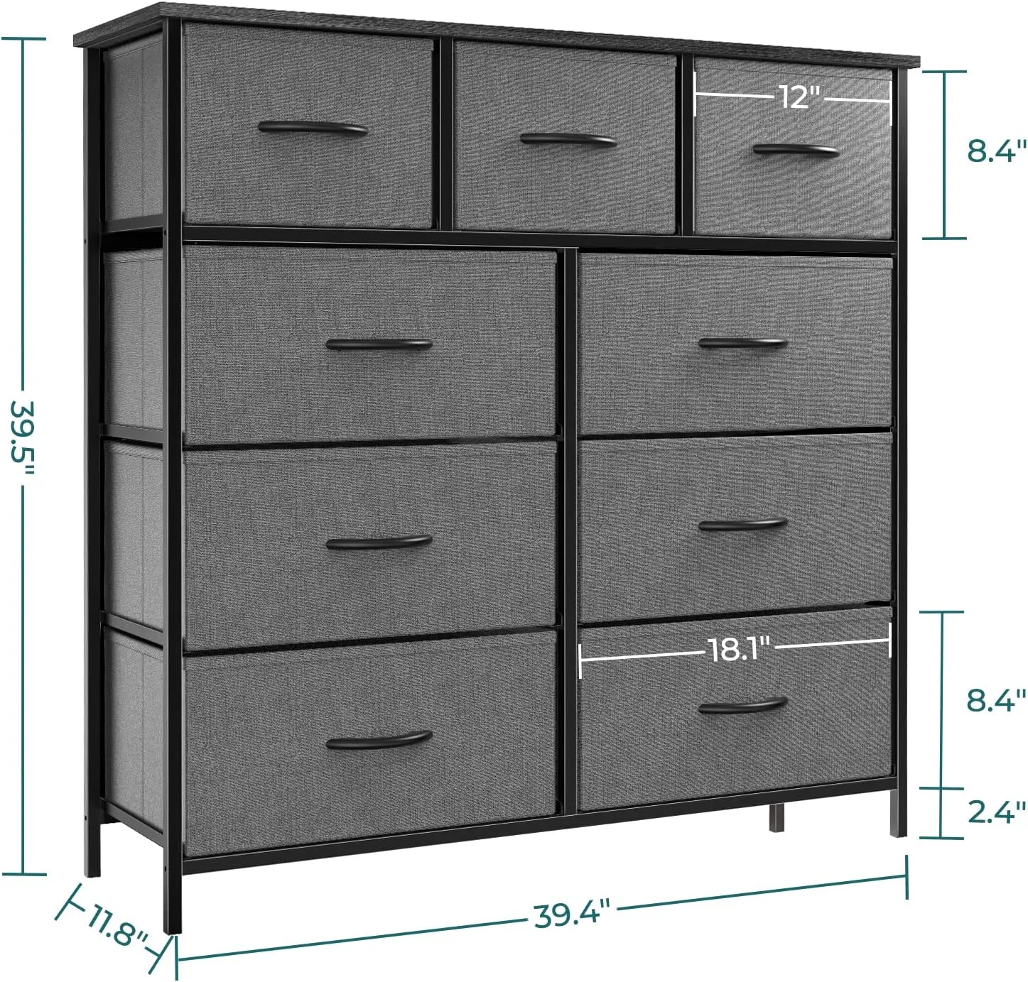 OLIXIS Dresser for Bedroom, 9 Storage Drawers, Wide Fabric Closet Chests Organizer Tower Furniture, TV Stand with Wooden Top Metal Frame for Clothes, Living Room, Hallway, Entryway, Classic Grey