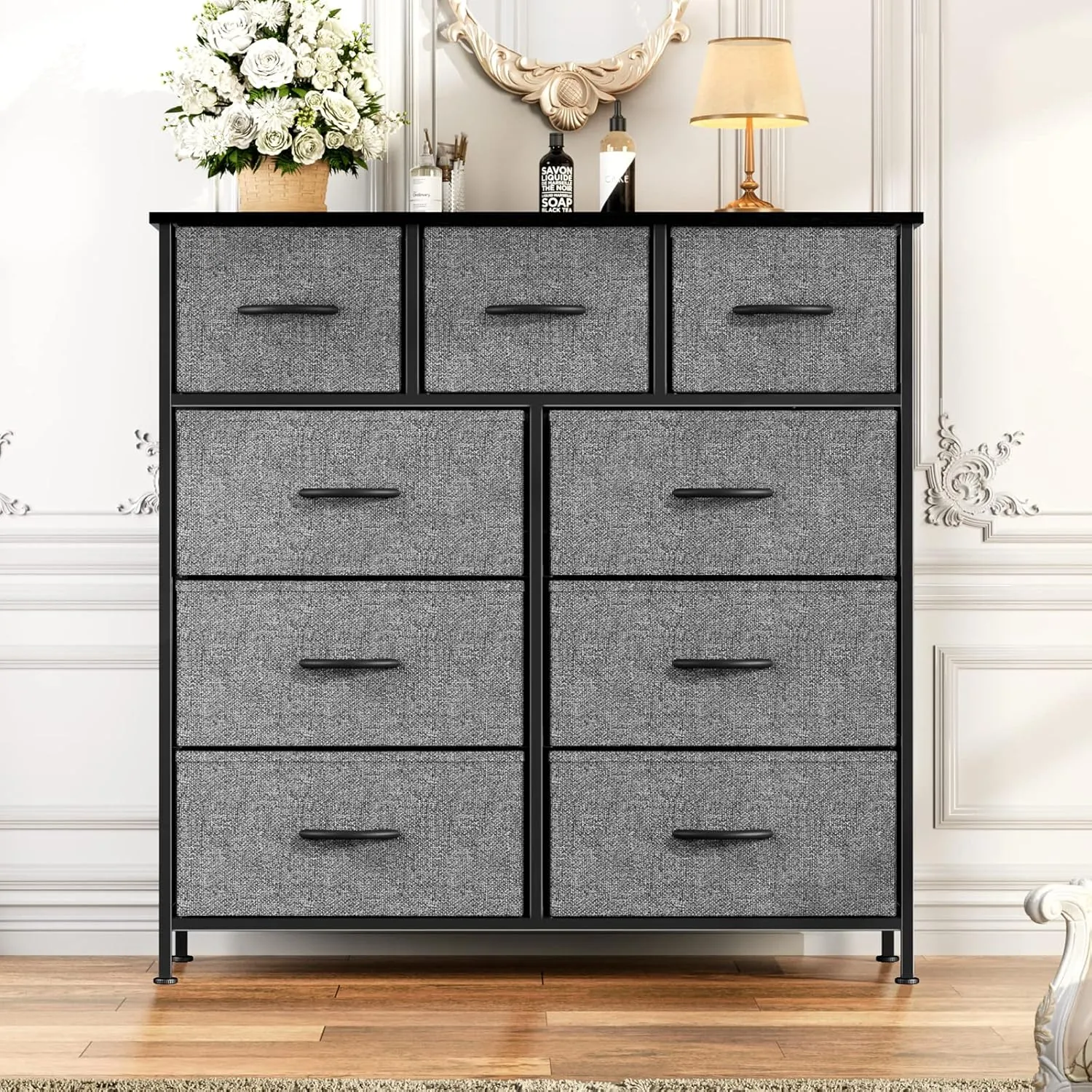 OLIXIS Dresser for Bedroom, 9 Storage Drawers, Wide Fabric Closet Chests Organizer Tower Furniture, TV Stand with Wooden Top Metal Frame for Clothes, Living Room, Hallway, Entryway, Classic Grey