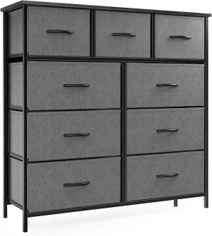 OLIXIS Dresser for Bedroom, 9 Storage Drawers, Wide Fabric Closet Chests Organizer Tower Furniture, TV Stand with Wooden Top Metal Frame for Clothes, Living Room, Hallway, Entryway, Classic Grey