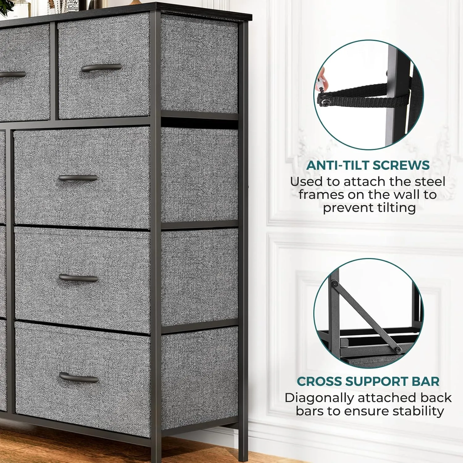 OLIXIS Dresser for Bedroom, 9 Storage Drawers, Wide Fabric Closet Chests Organizer Tower Furniture, TV Stand with Wooden Top Metal Frame for Clothes, Living Room, Hallway, Entryway, Classic Grey