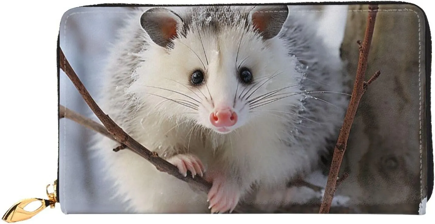 Opossum In Snow Leather Wallets For Women Waterproof Zip Around Clutch Purses Large Credit Card Holder With Phone Holder Ladies Travel Coin Purse