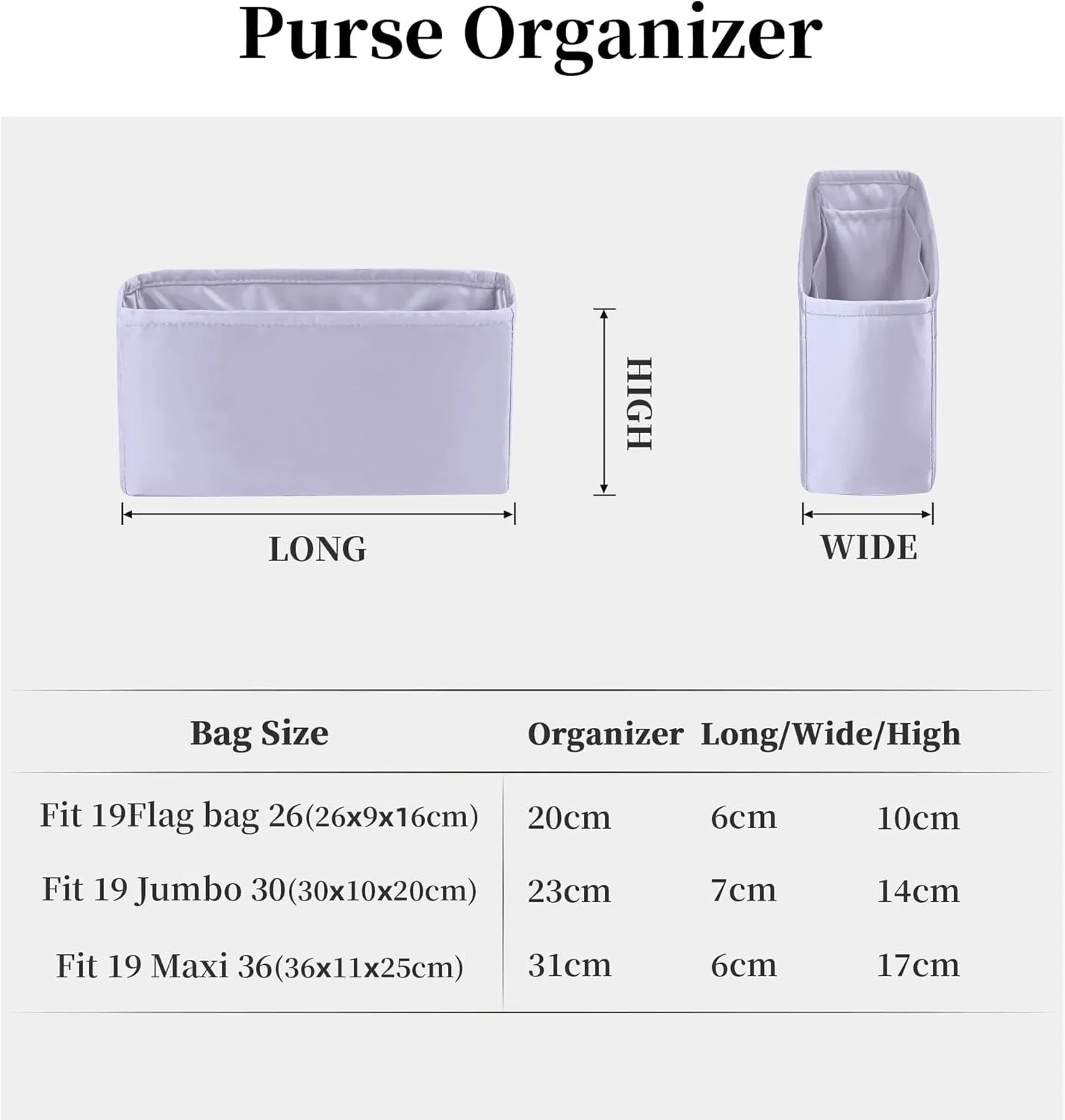 Organizer for Purse Bags, Tote HandBags Organizer with Silky Satin Compatible with Chanel 19 Jumbo, Lightweight Inner Bag for Luxury Bags (Lavender, Jumbo30)