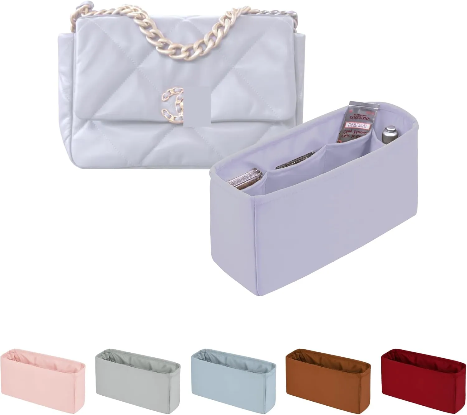 Organizer for Purse Bags, Tote HandBags Organizer with Silky Satin Compatible with Chanel 19 Jumbo, Lightweight Inner Bag for Luxury Bags (Lavender, Jumbo30)