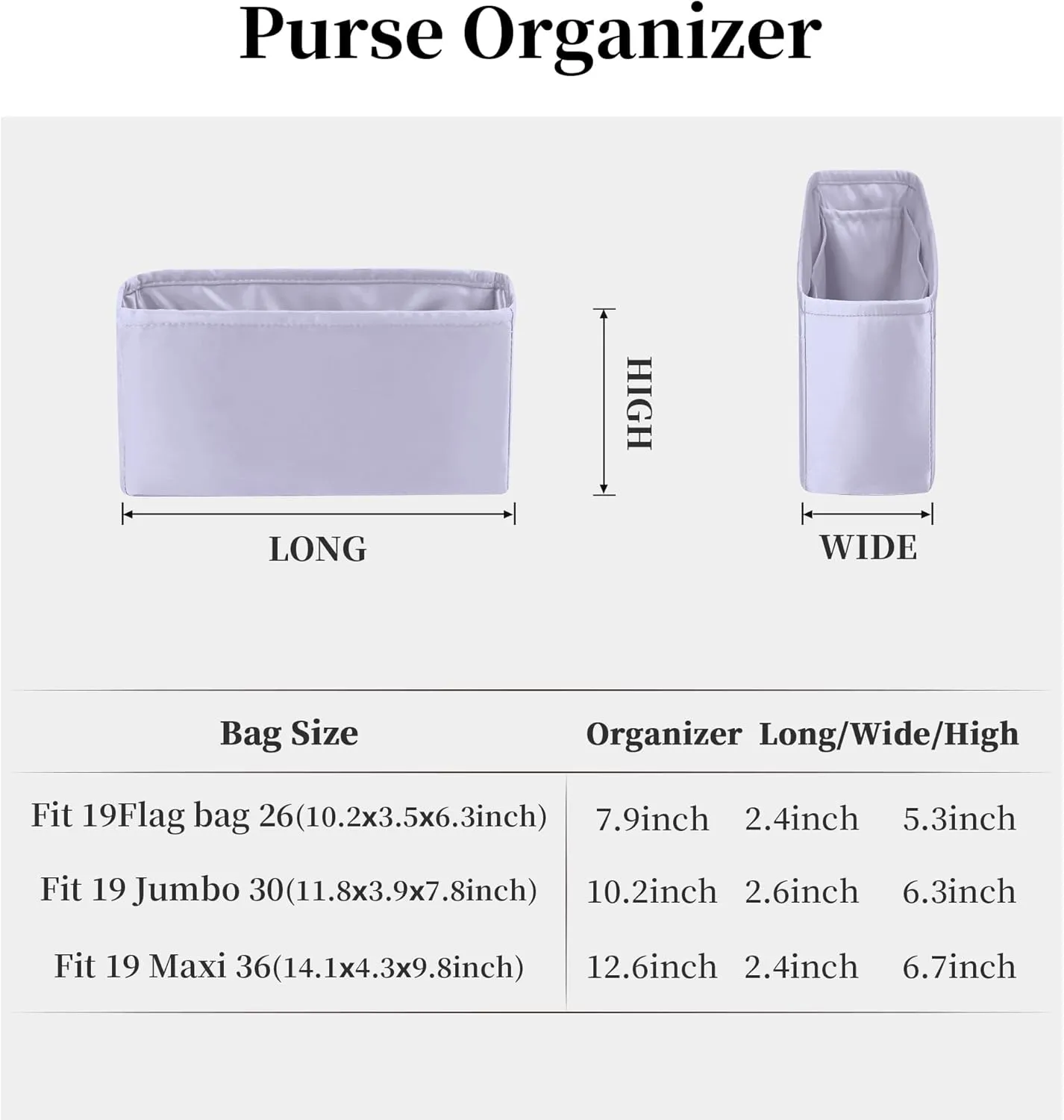 Organizer for Purse Bags, Tote HandBags Organizer with Silky Satin Compatible with Chanel 19 Jumbo, Lightweight Inner Bag for Luxury Bags (Lavender, Jumbo30)