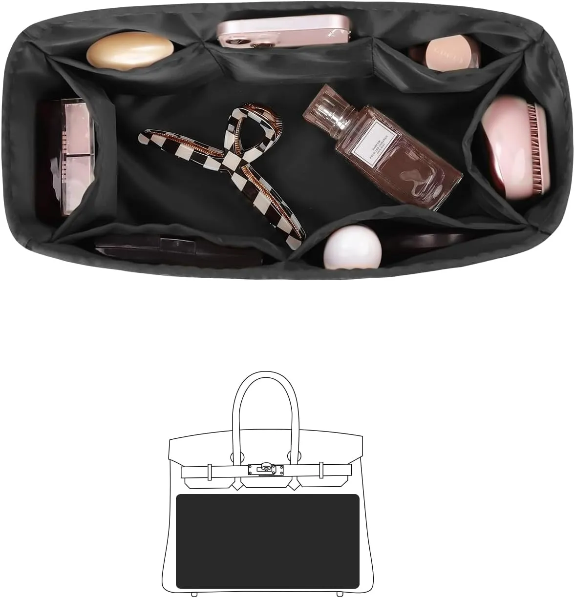 Organizer Insert for Hermes Bags, Luxury Bags Storage with Silk, Fits Birkin 35 Bags, Lightweight Shaper with Multiple Pockets for Daily Use (Black, Birkin35)