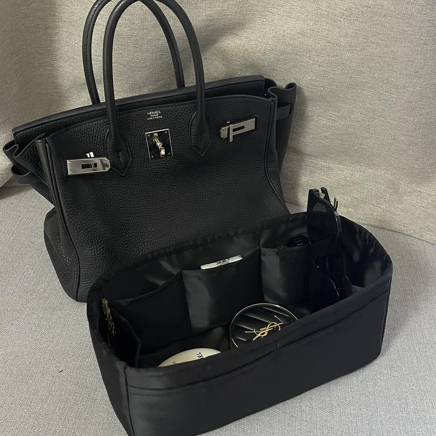 Organizer Insert for Hermes Bags, Luxury Bags Storage with Silk, Fits Birkin 35 Bags, Lightweight Shaper with Multiple Pockets for Daily Use (Black, Birkin35)