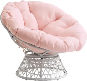 OSP Home Furnishings Wicker Papasan Chair with 360-Degree Swivel, Cream Frame with Pink Cushion